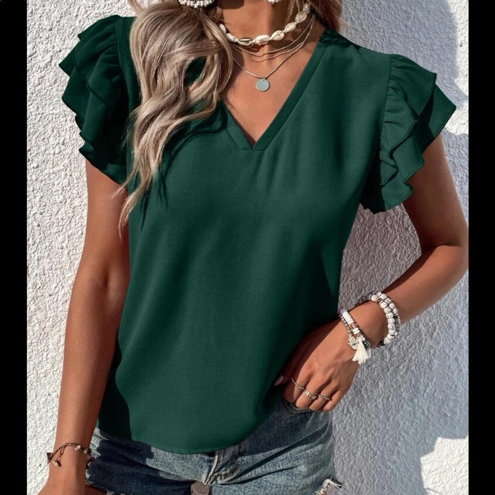 Elegant Classy Red Tiered Ruffle Butterfly Sleeve Top Blouse - Picture 4 of 11